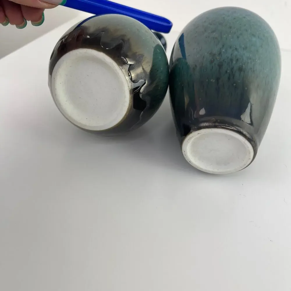 Set of 2 Ombre Mini Tulip Bud Vases Green Teal Art Home Decor Pottery